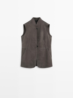 Massimo Dutti Жилет из кожи с бархатистой отделкой, кротово-коричневый