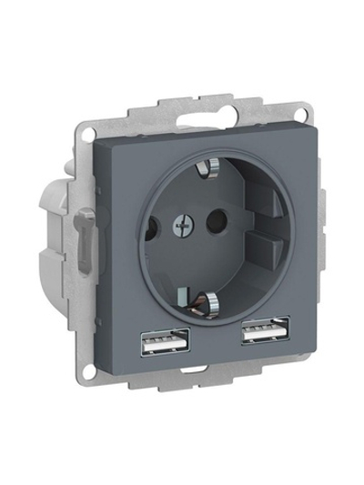 Розетка 1-м СП AtlasDesign 16А IP20 с 2-мя заряд. устройствами USB тип A+A 5В/2.4А 2х5В/1.2А механизм грифель SE ATN000730