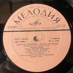 Винтажная виниловая пластинка LP Александр Зацепин, Леонид Дербенев, Группа Аракс, Песни Из К/ф Узнай Меня (СССР 1980)