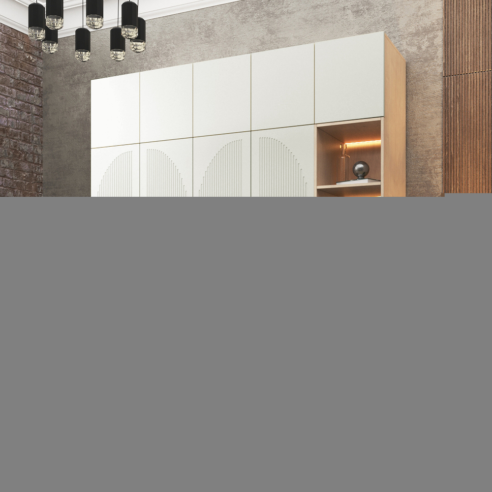 Шкаф Агератум МДФ четырехсекционный с антресолью и стеллажом Лайн керамика (0,27) А10032 матовая - Дуб Сонома 3025  220*45*240