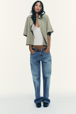 ZARA РУБАШКА ИЗ СТРУЯЩЕЙСЯ ТКАНИ С КОРОТКИМИ РУКАВАМИ, ХАКИ