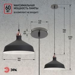 Светильник подвесной (подвес) ЭРА PL2 BK/RC металл, E27, max 60W, высота плафона 200мм, подвеса 780мм, черный/медь