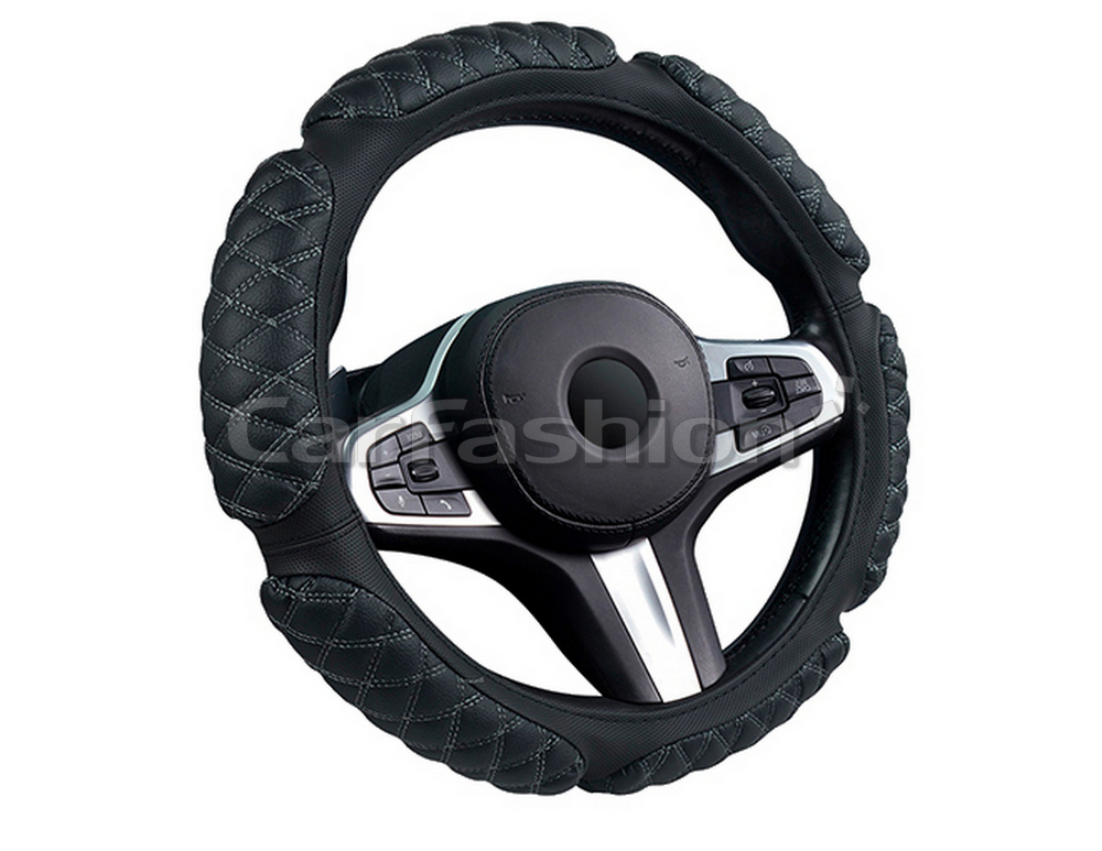 Оплетка на руль круглая CarFashion -М- «SCOTCH» 31654 - Экокожа - черный/серый