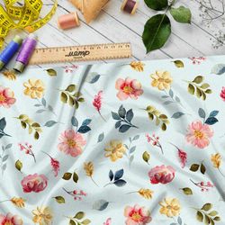 Ткань барби яркие полевые цветы и листья на белом фоне