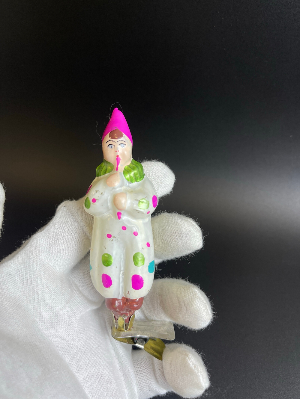 Ёлочная игрушка на прищепке "Клоун с дудочкой", винтаж, стекло СССР 1950-1970 гг
