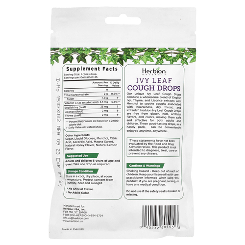 Herbion Naturals, леденцы от кашля с листьями плюща, мёдом и лимоном, 25 леденцов в индивидуальной упаковке