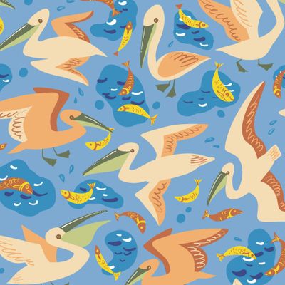 Пеликаны на рыбалке, на голубом, детский паттерн