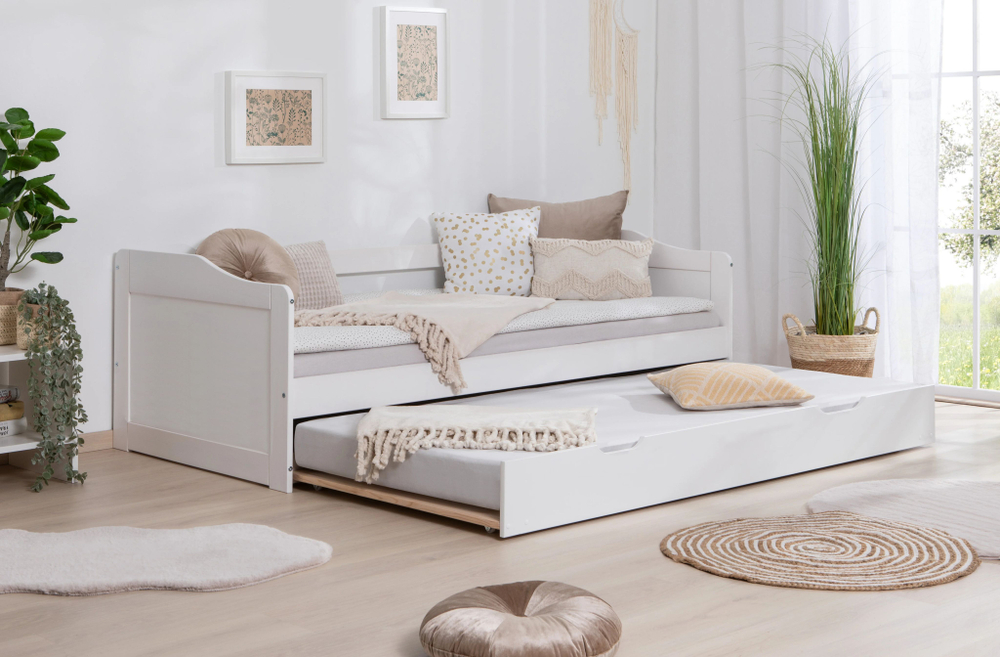 Dipriz Кровать 90х200 Бонни из сосны с выдвижным спальным местом и 2 основаниями, белая