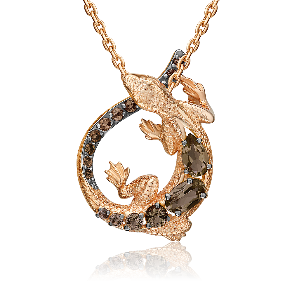 Подвеска «Ящерица» из красного золота с кварцем дымчатым