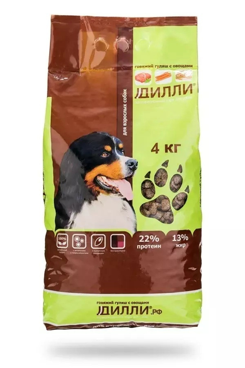 Сухой корм Дилли для взрослых собак всех пород, говяжий гуляш, 4 кг