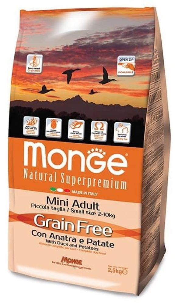 Monge Dog 2.5кг GRAIN FREE Mini беззерновой корм для собак мелких пород утка с картофелем