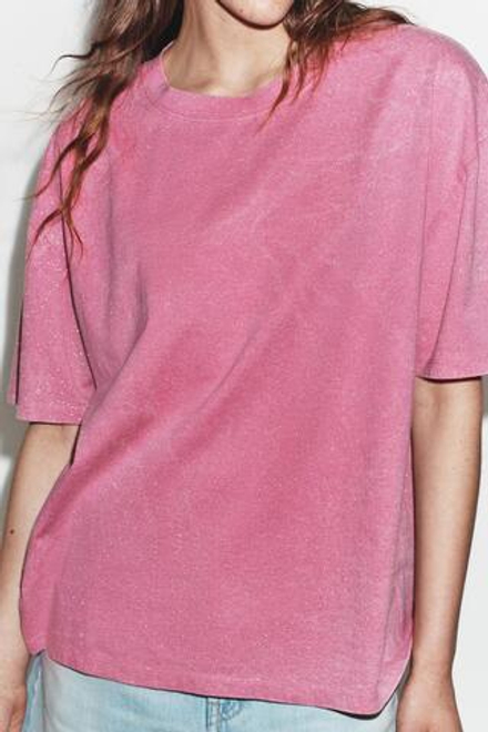 ZARA ФУТБОЛКА С ЭФФЕКТОМ ПОТЕРТОСТИ И БЛЕСТКАМИ, РОЗОВЫЙ