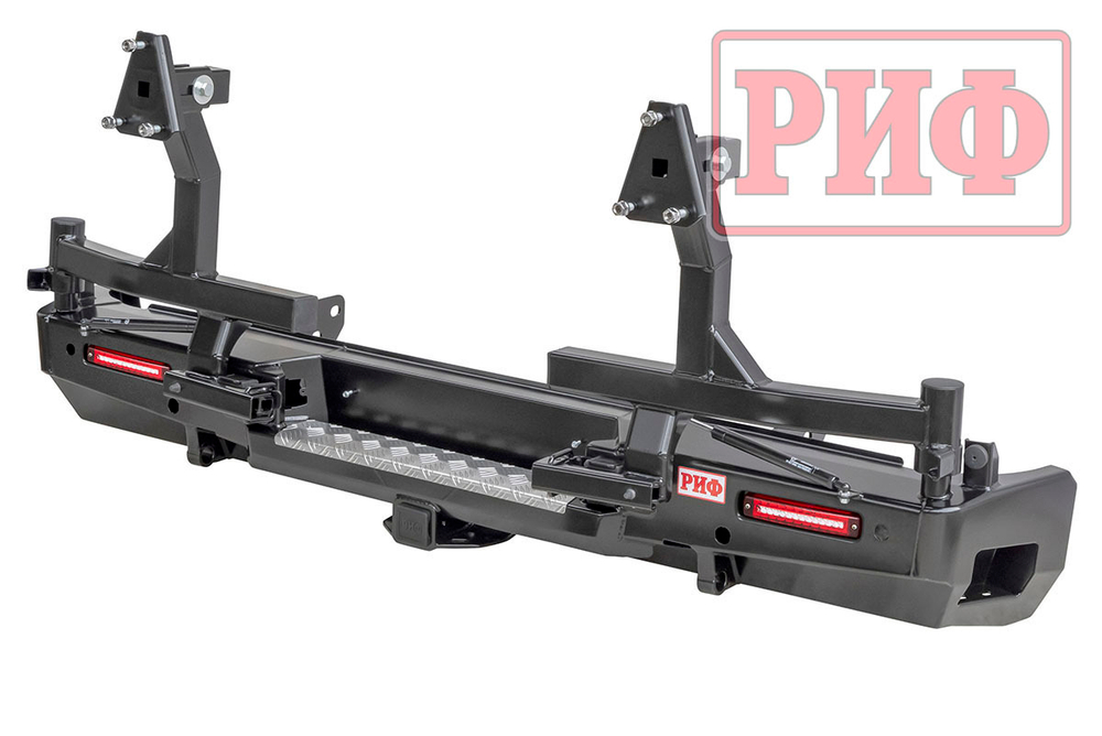 Бампер силовой задний Toyota Tundra 2007-09.2013 с квадратом под фаркоп, 2-мя калитками, фонарями, подсветкой номера РИФ