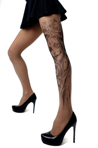 Колготки +size с имитацией тату в виде девушки с макияжем калавера (Размер: XL-XXL) (Цвет: бежевый)