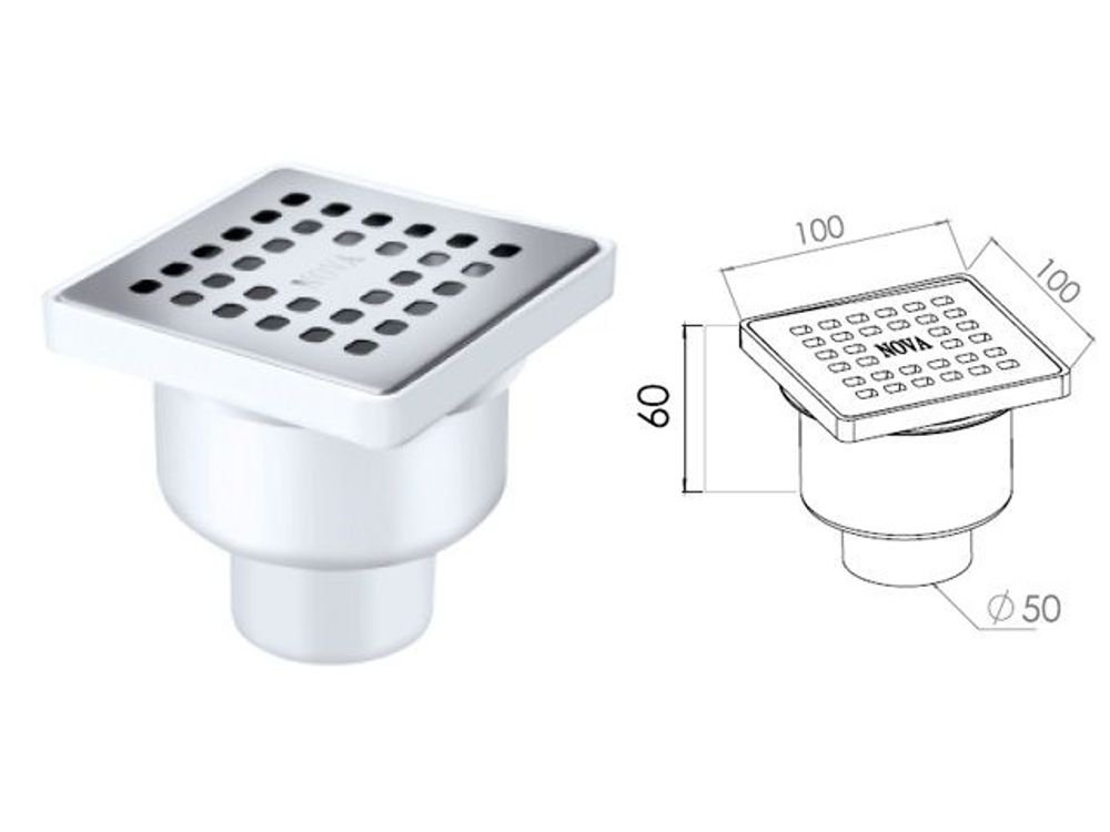 Трап сухой AV гориз. спуском 50, нерж. реш.100х100
