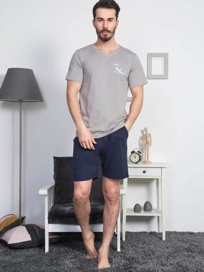 Мужской трикотажный комплект с небольшим принтом на груди (Размер: S) (Цвет: голубой с синим)