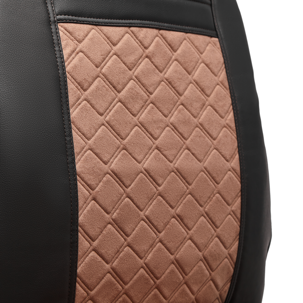 Чехлы VOLVO FH-13 после 2018 года: водитель от сиденья, пассажир от стойки кабины (один вырез под ремень) (экокожа, черный, коричневая вставка)