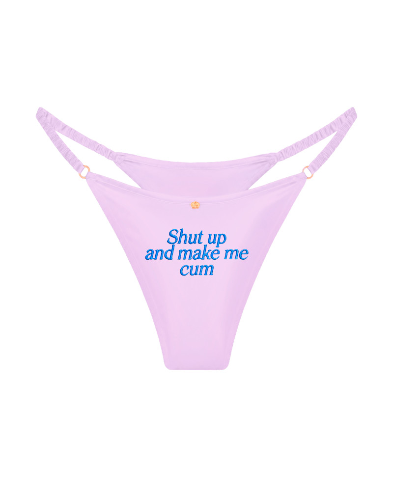 трусы стринги шелковые с надписью Shut up and make me cum сиреневые