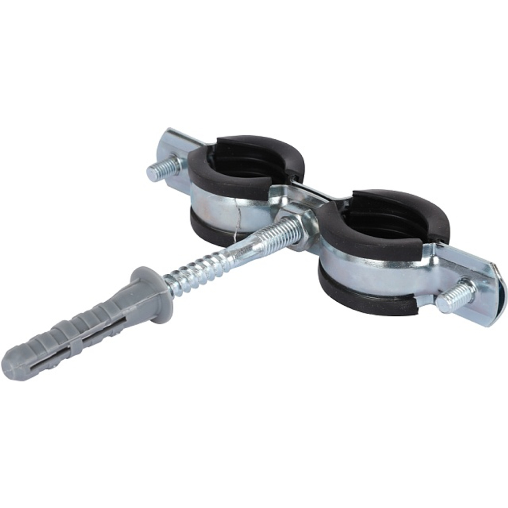 Хомут для труб двухвинтовой сдвоенный STOUT - 3/4" (25-29 мм, с шпилькой и дюбелем)