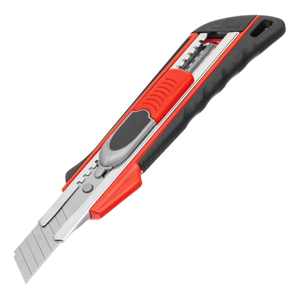 Нож, 18 мм, выдвижное лезвие "Quick blade" металлическая направляющая, двойная фиксация, эргономичная двухкомпонентная рукоятка Matrix