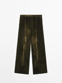Massimo Dutti Широкие брюки из бархата со складками и эластичной отделкой, оливковый