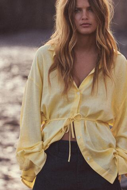 ZARA РУБАШКА ОВЕРСАЙЗ ИЗ СМЕСОВОГО ЛЬНА, ЖЕЛТЫЙ