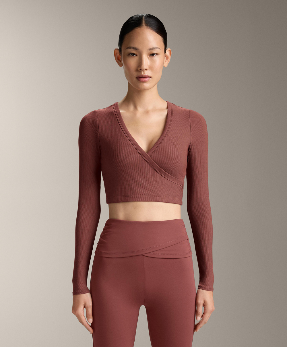 Oysho Топ Comfortlux с перекрестными деталями и длинными рукавами, линялый махагон