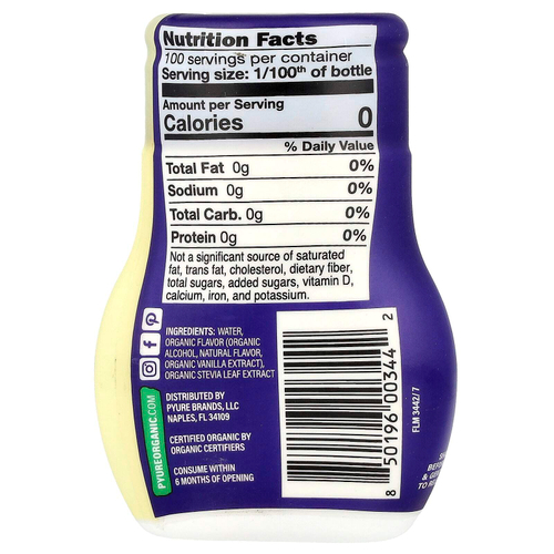Pyure, органический жидкий подсластитель стевия, ванильный сахарозаменитель, подходит для кетодиеты, 53 мл (1,8 жидк. унции)