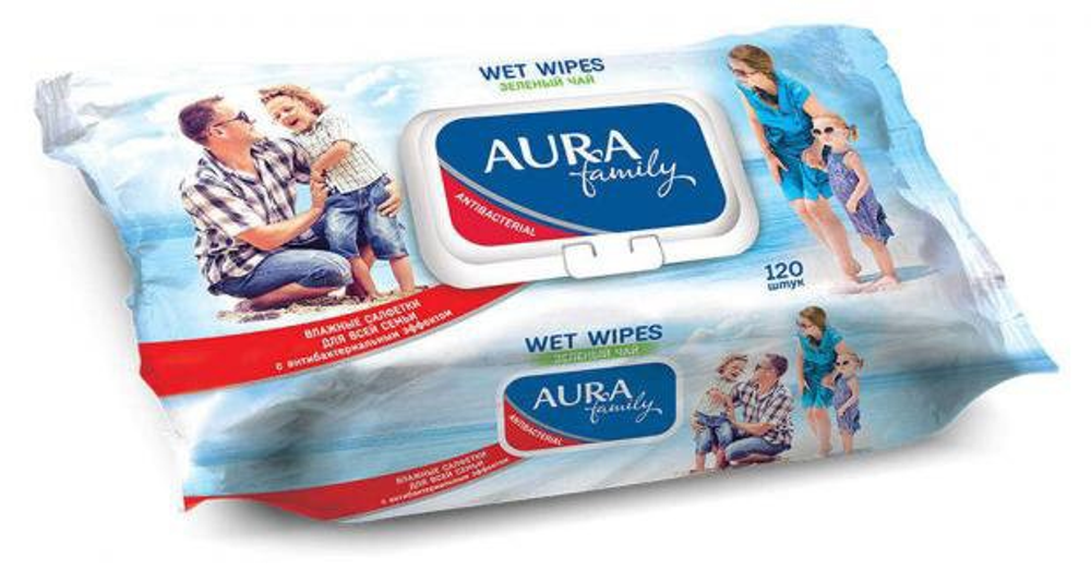 Влажные салфетки Aura Family с антибактериальным эффектом №120 клапан