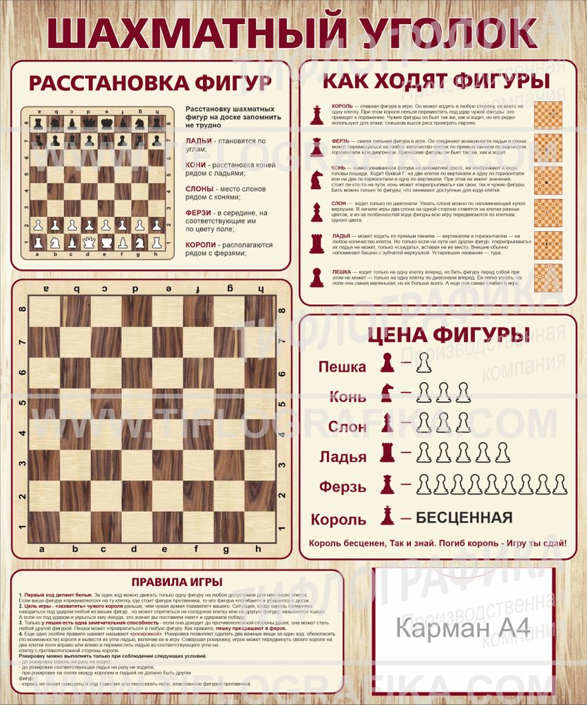 Информационный стенд &quot;Шахматный уголок&quot; 1200х1000 мм с карманом А4, ПВХ 3 мм