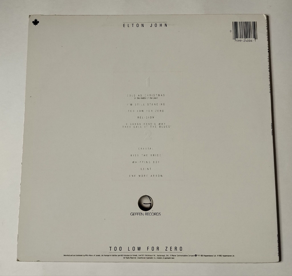 Винтажная виниловая пластинка LP Elton John Too Low For Zero (Canada 1983)