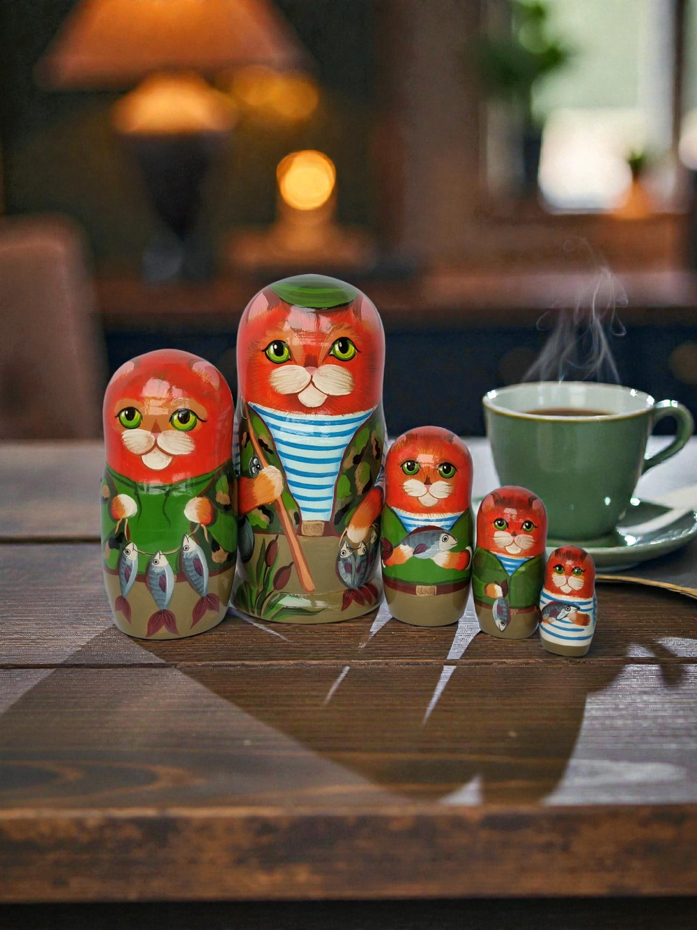 Матрешка "Котик Рыбак Рыжик" 5 мест