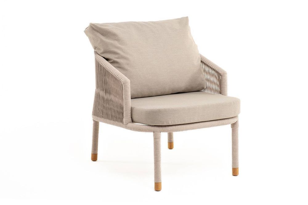 "Верона" кресло плетеное из роупа, каркас алюминий белый муар, роуп бежевый круглый, ткань бежевая 052