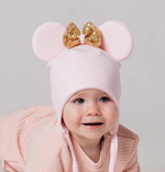 Шапка Минни с бантом из пайеток с завязками, пудра, р-р 50-54 4186376