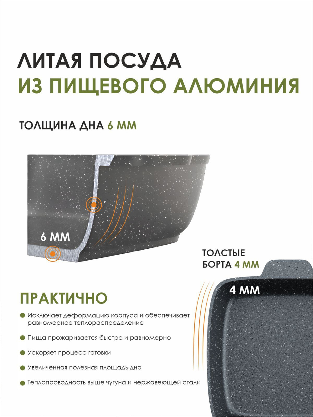 Жаровня квадратная "Мечта" Гранит с крышкой от 2л до 4л