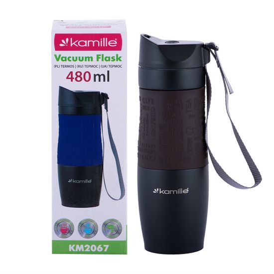 Термокружка 480 мл. из нержавеющей стали Kamille KM-2067 с TPR-вставкой и ремешком