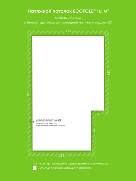 Матовый натяжной потолок 11.1 м2