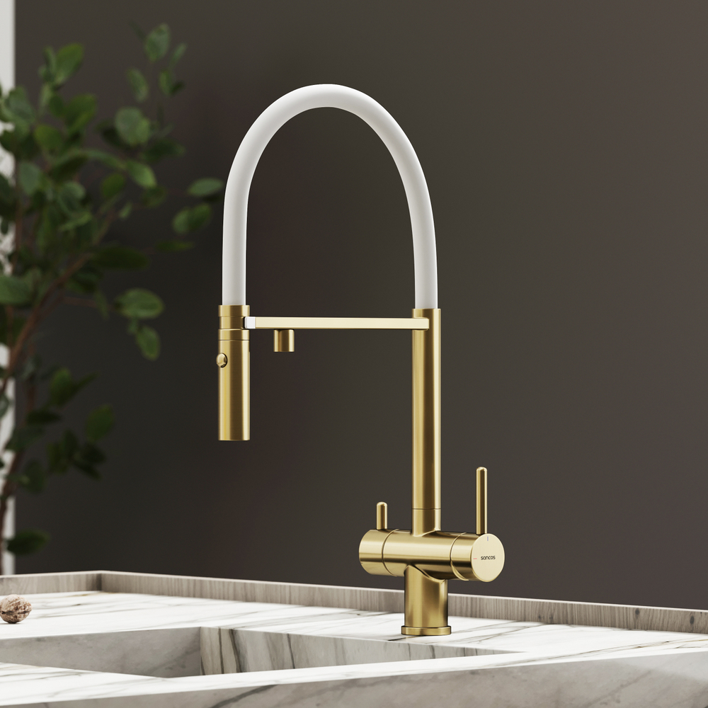 Смеситель для кухни Sancos Imola с гибким изливом, цвет брашированное золото/белый, PVD покрытие, арт. SC4010BG