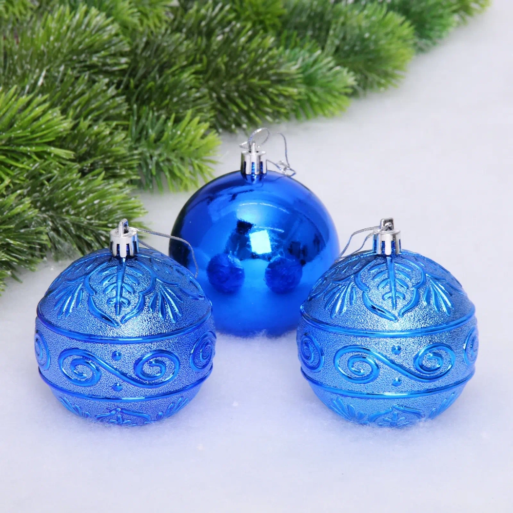 Новогодние шары 8 см (набор 3 шт) «Микс фактур», синий