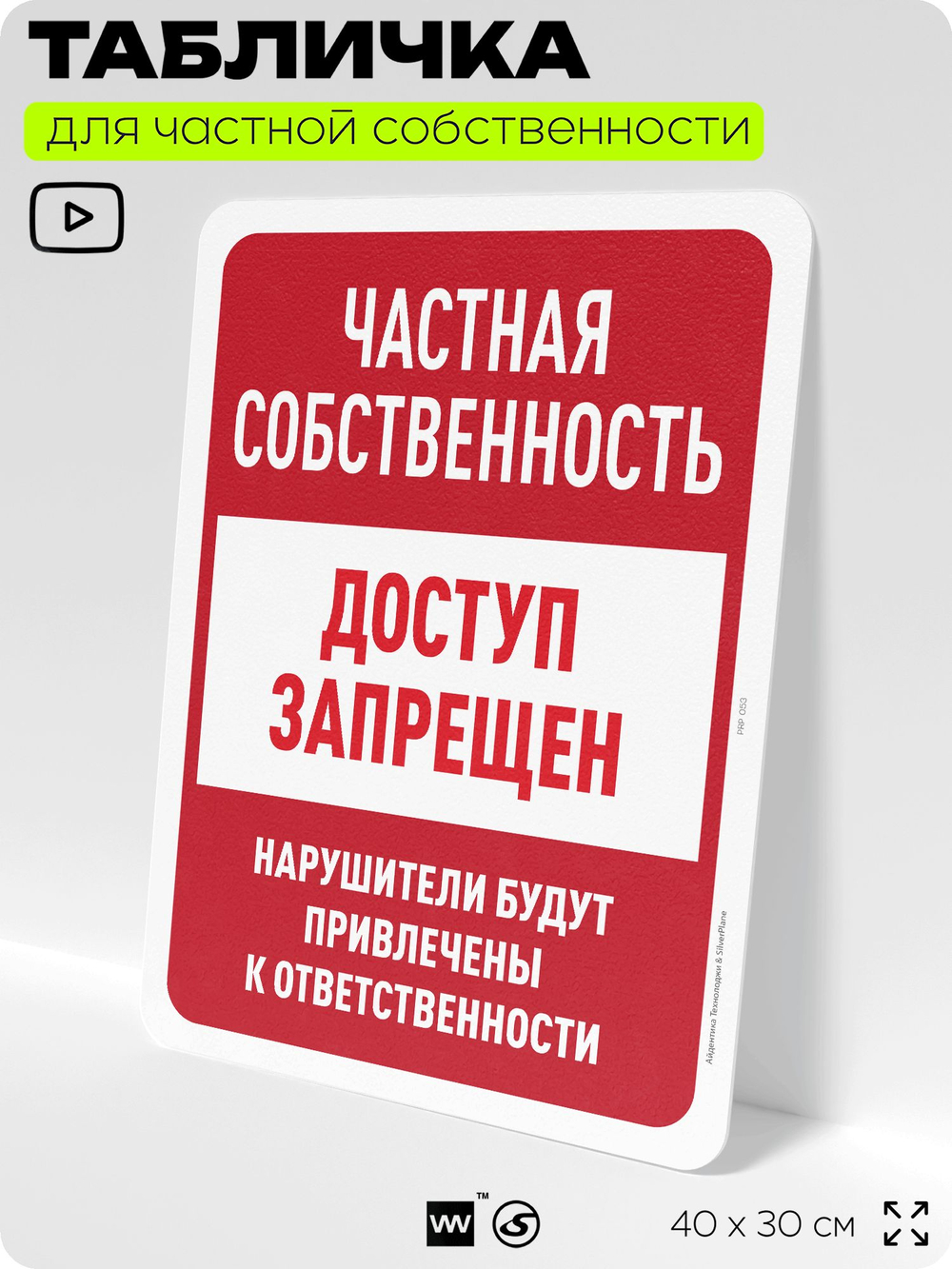 Табличка для частной территории "Частная собственность, доступ запрещен", на дом, для участка, организаций, предупреждающая, 40х30 см, Silver Plane x Айдентика Технолоджи