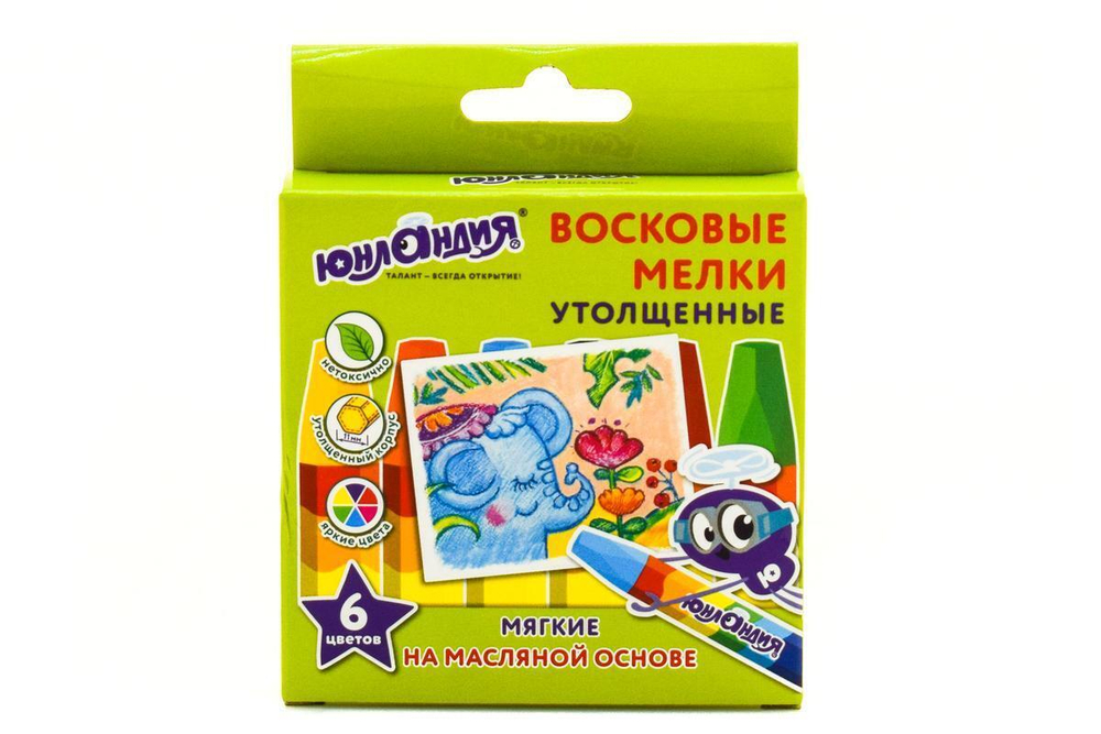 Мелки восковые 6цв. "Юнландик и индийский слон" масляная основа, утолщенные (ЮНЛАНДИЯ)