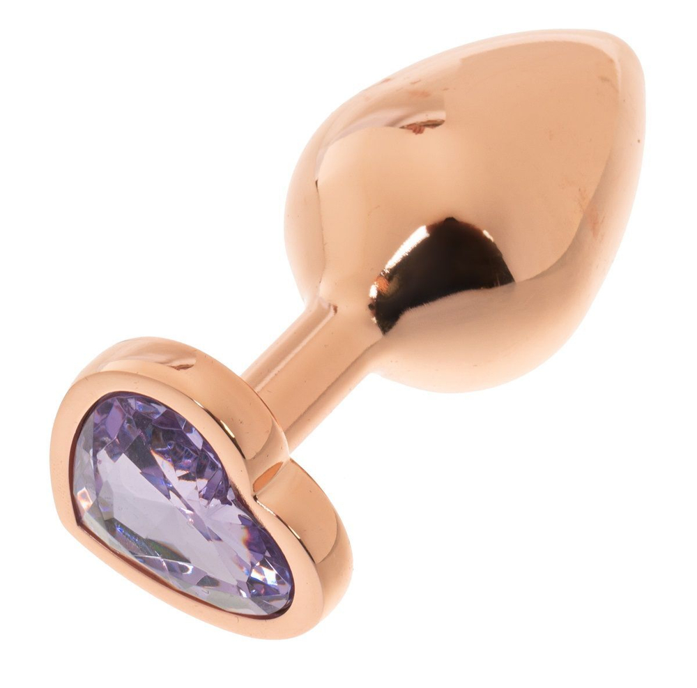 Золотистая анальная пробка OYO с сиреневым кристаллом-сердцем - 7,3 см.