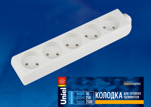 K-CP5-10 WHITE Колодка для удлинителя Uniel. 5 гнезд, б/з, 10А, 2200Вт. Белый. ТМ Uniel