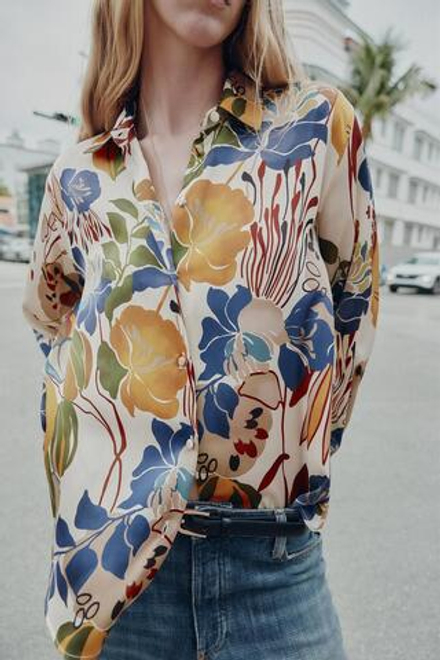 ZARA АТЛАСНАЯ БЛУЗКА С ПРИНТОМ, РАЗНОЦВЕТНЫЙ