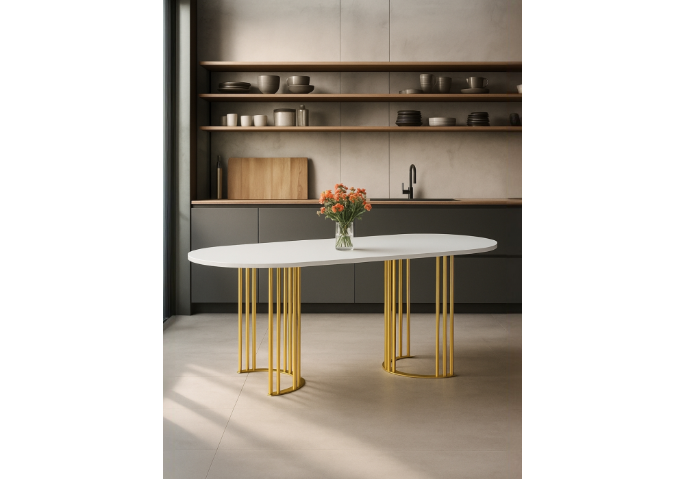 Стол деревянный Woodville Хьюго О 200 х 90 белая шагрень пленка, золотые ноги