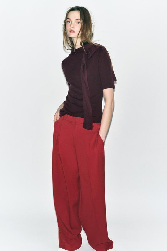 ZARA ФУТБОЛКА ИЗ МЯГКОЙ 100% ШЕРСТИ, ТЕМНО-БОРДОВЫЙ