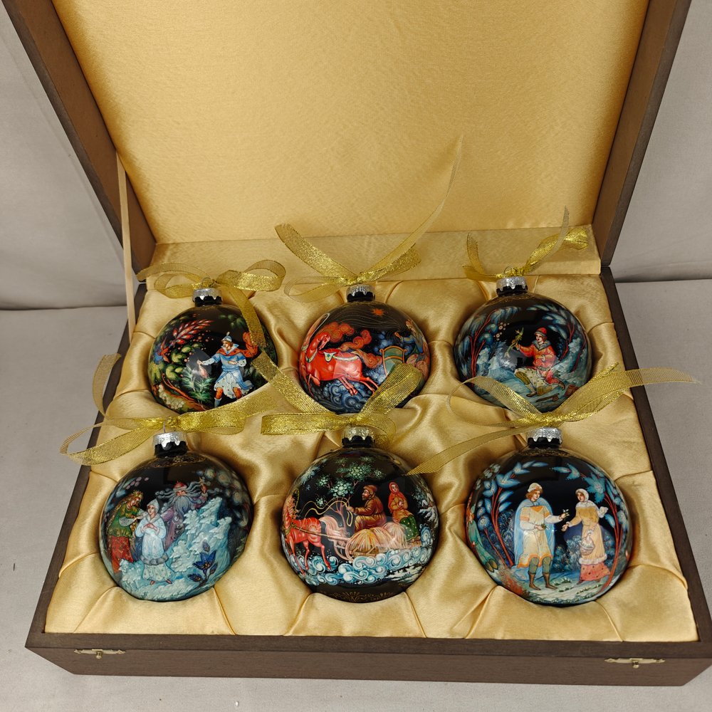 Сувенирный набор из 6-ти коллекционных ёлочных шаров " Сказки" с ручной росписью Палех