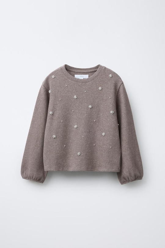 ZARA ЛОНГСЛИВ SOFT TOUCH С БУСИНАМИ, КОРИЧНЕВЫЙ