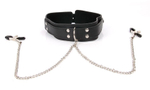Черный ошейник на регулируемом ремешке с металлическими зажимами для сосков (Цвет: черный)