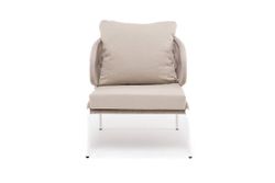 "Милан" кресло плетеное из роупа, каркас алюминий белый муар, роуп бежевый круглый, ткань бежевая 035